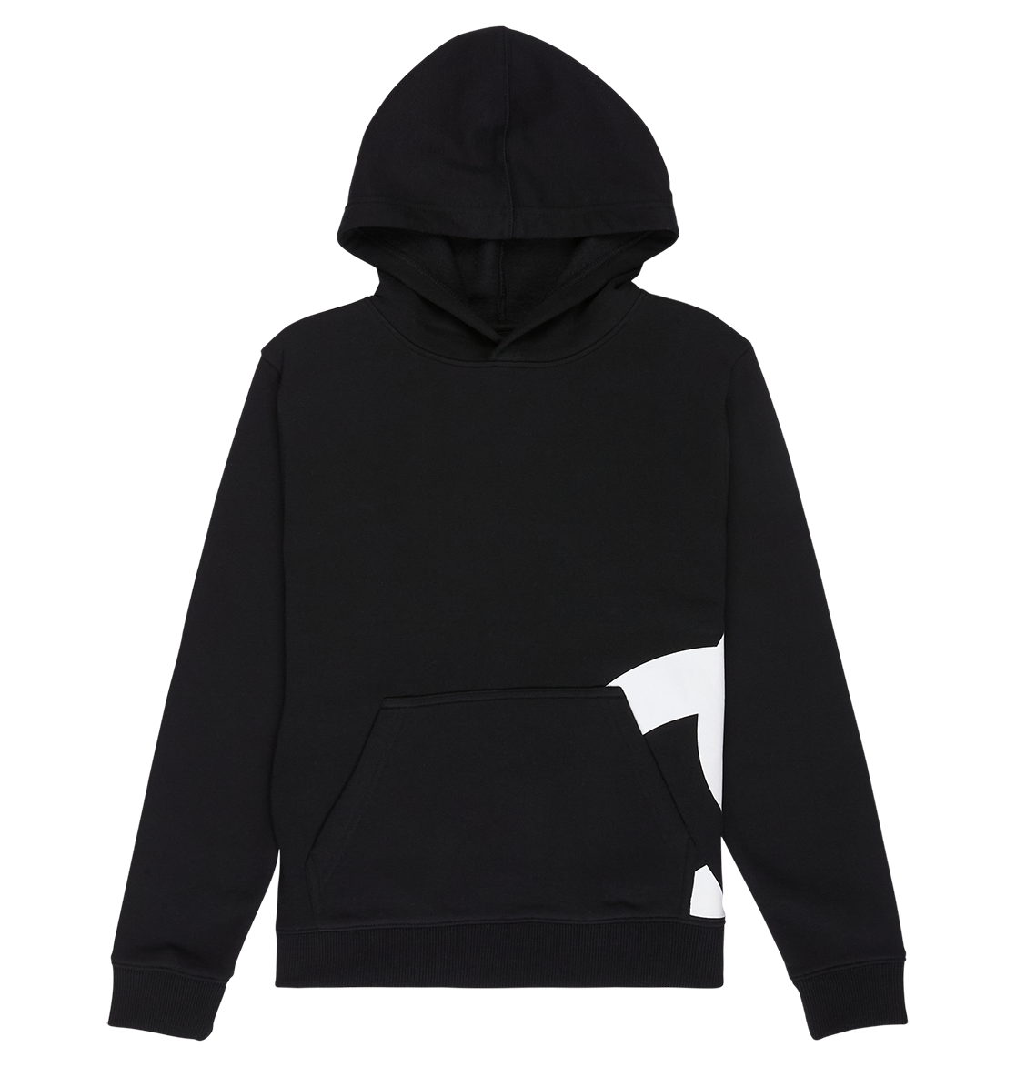 The DC Shoes Lanai Hoodie Youth is a black pullover with long sleeves, a front pocket, and white DC graphics on the lower right. Laid flat on white, it delivers classic fleece warmth with modern street style.