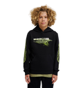 A young person with curly hair wears the DC Shoes Side Flame Hoodie Youth, a black pullover featuring neon green designs and a bold DC Shoes logo, standing against a plain white background.