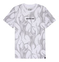 The Reebok DC Liquid Fuego Hss Youth is a white short-sleeve t-shirt featuring gray abstract flame patterns and "DCSHOECOUSA" in bold black text centered on the chest.