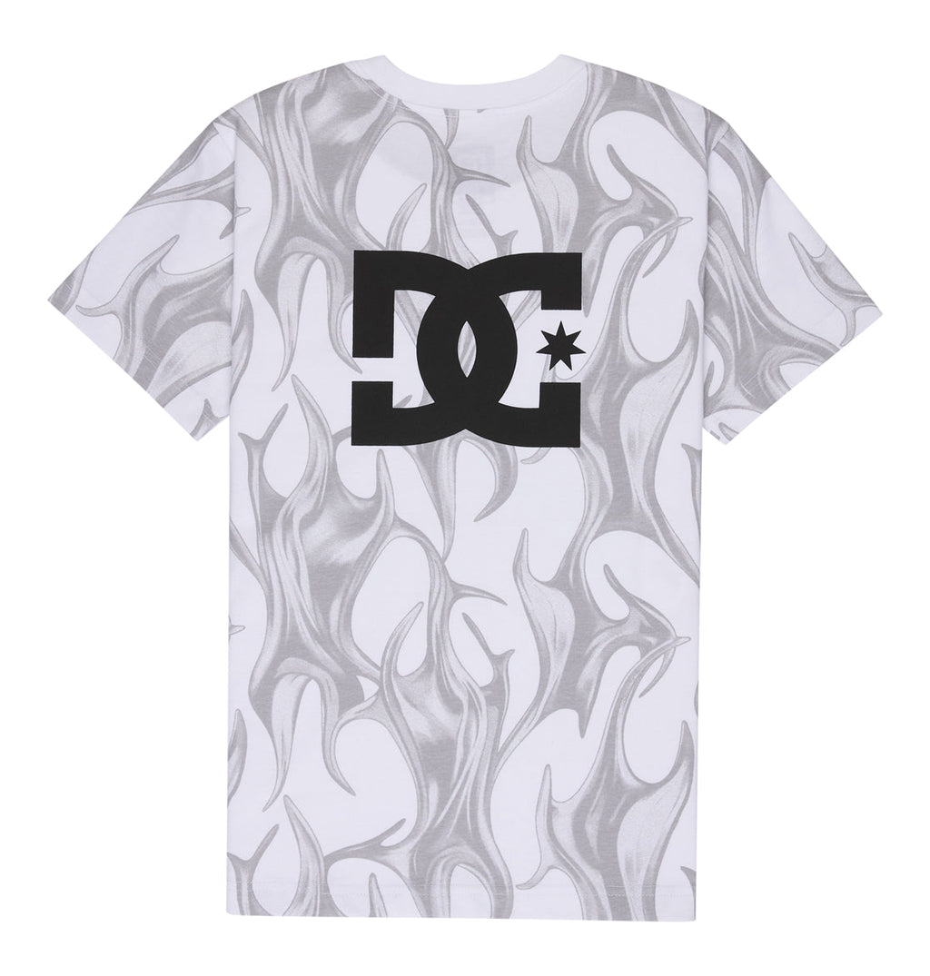The Reebok DC Liquid Fuego Hss Youth is a white T-shirt featuring a gray abstract flame design and a large black DC logo with a star in the center on the back.