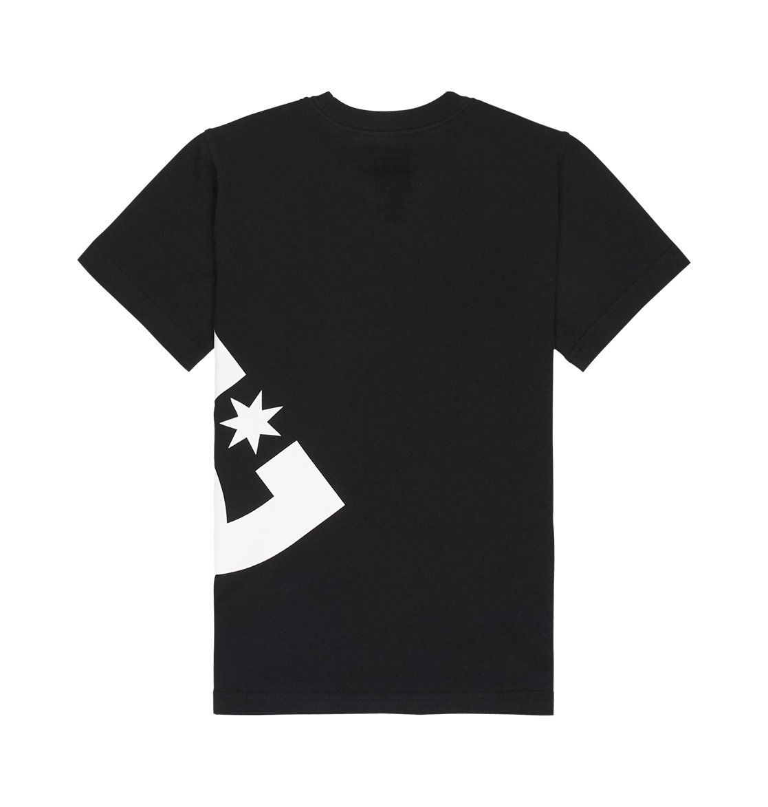 DC Shoes Lanai Tee Youth in black, relaxed fit, shown flat with the back side visible. Features a large bold white DC logo with a star and geometric details wrapping onto the lower left back.