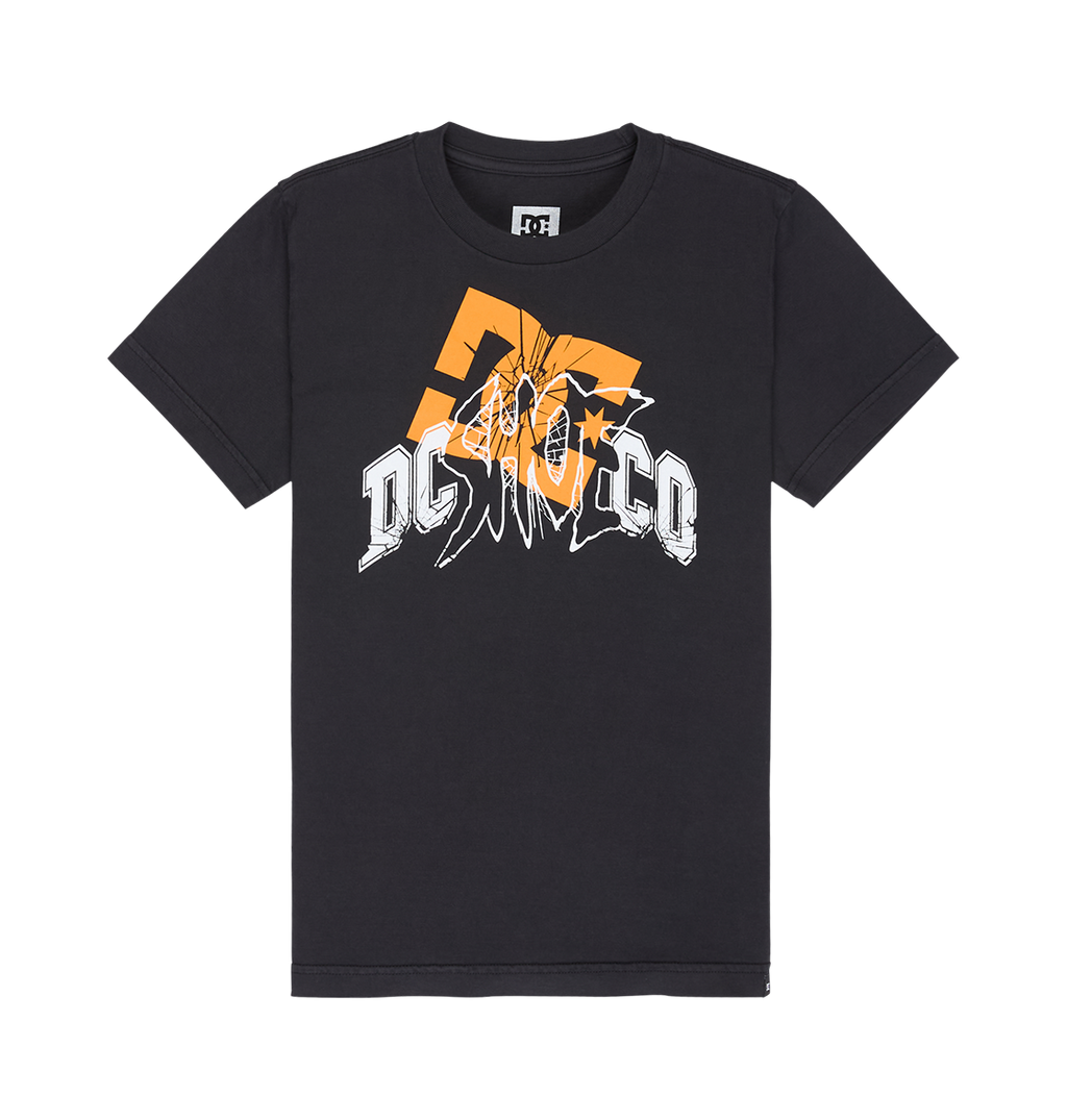 Stay true to skate style with the DC Speratic Tee Youth by DC Shoes—a black, short-sleeve t-shirt featuring a large, distressed orange DC logo and bold white "DCSHOECO" text in a fragmented graphic design across the front for an authentic skater look.