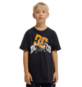 A young boy with blonde hair wears the DC Shoes Speratic Tee Youth, a black graphic skate t-shirt with bold orange and white designs, standing against a plain white background.