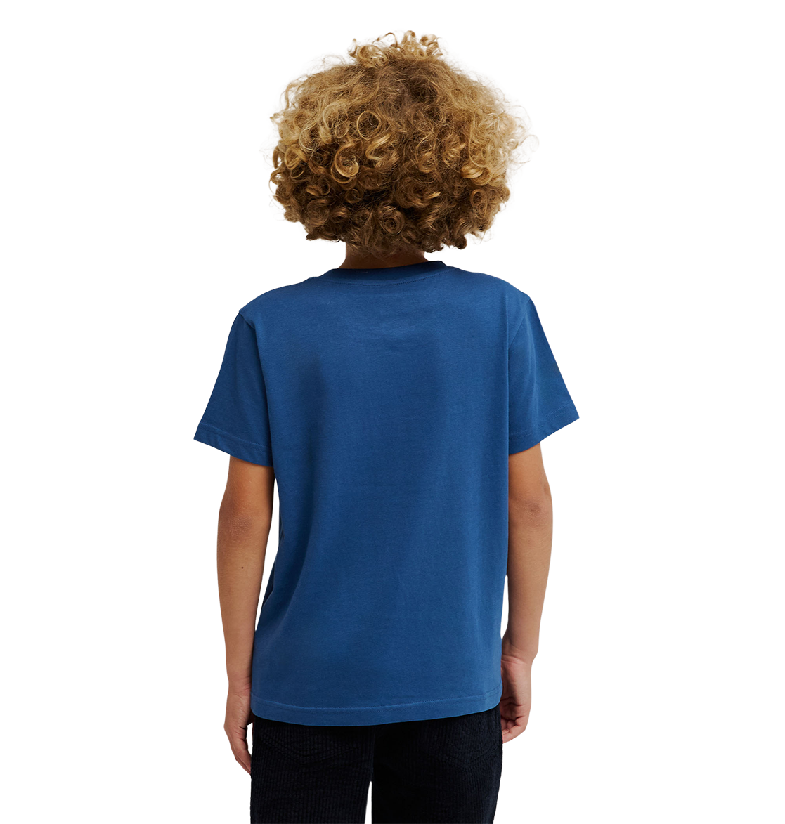 A child with curly blonde hair, wearing the DC Shoes DC Star Filled Tee Youth in blue and dark pants, is standing facing away from the camera against a plain white background.