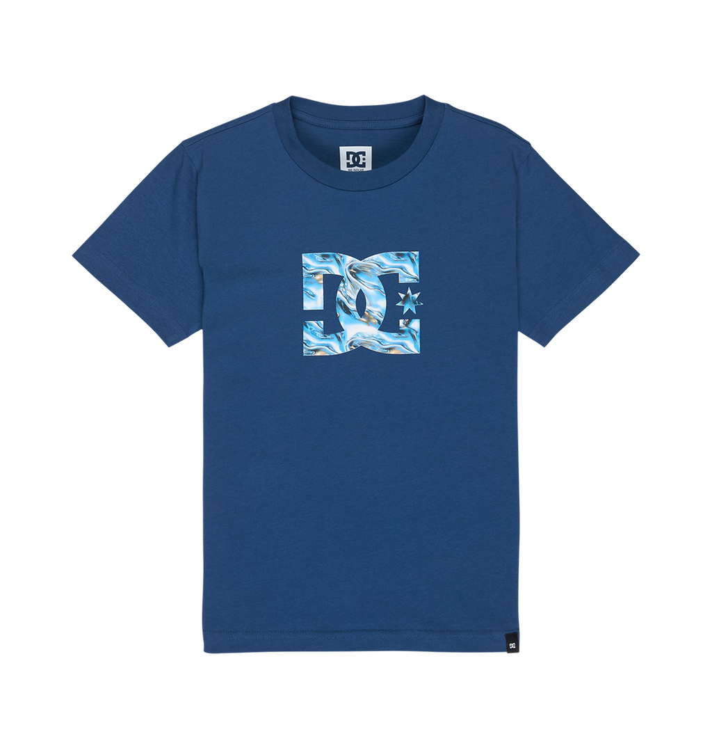 DC Shoes "Star Filled Tee Youth" – a relaxed fit blue T-shirt featuring a square wavy blue and white graphic with the DC Shoes logo centered, accented by the brand’s signature DC star artwork on the right side.