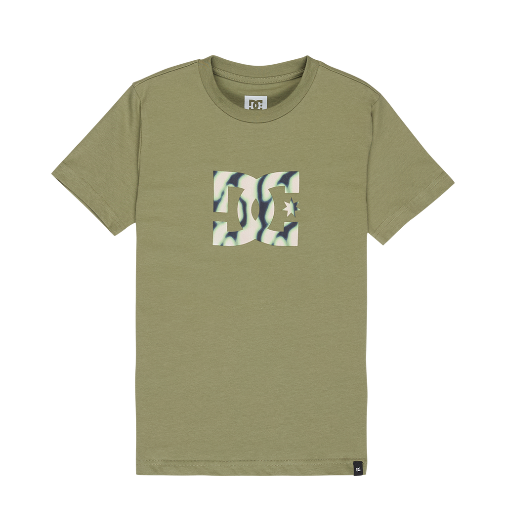 The DC Shoes DC Star Filled Tee Youth is an olive green short-sleeve t-shirt featuring a camouflage-patterned DC star logo on the chest. Laid flat on a white background, this soft cotton graphic skate tee combines comfort with bold style.