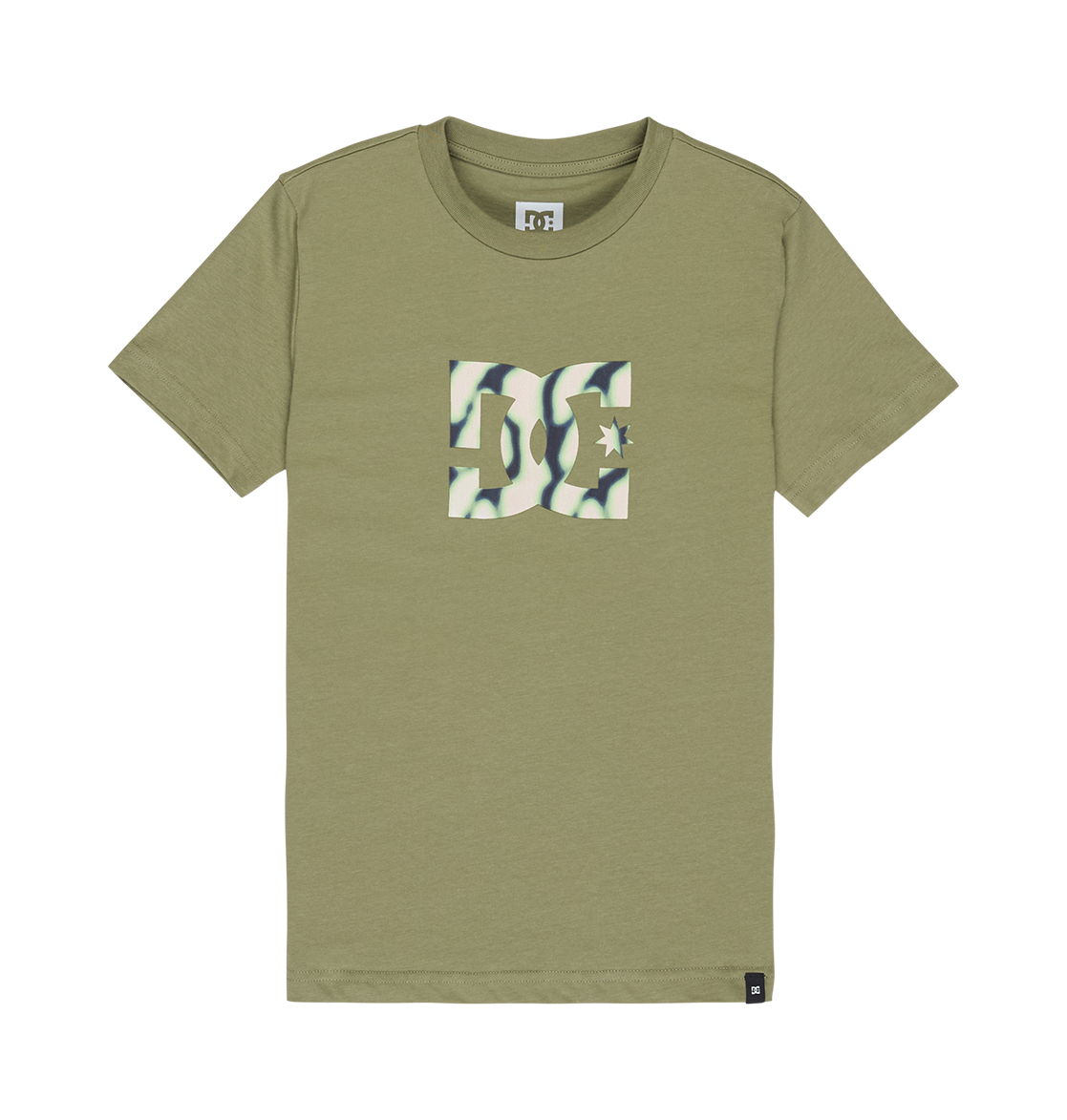 The DC Shoes DC Star Filled Tee Youth is an olive green short-sleeve t-shirt featuring a camouflage-patterned DC star logo on the chest. Laid flat on a white background, this soft cotton graphic skate tee combines comfort with bold style.