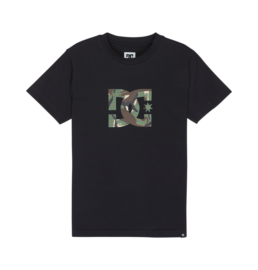 Introducing the DC Shoes Star Filled Tee Youth: a black short-sleeve t-shirt featuring a camo-patterned graphic logo centered on the chest. Showcasing iconic DC star artwork with abstract shapes and a distinctive star-in-a-square design, this relaxed-fit skate tee delivers bold style for everyday wear.