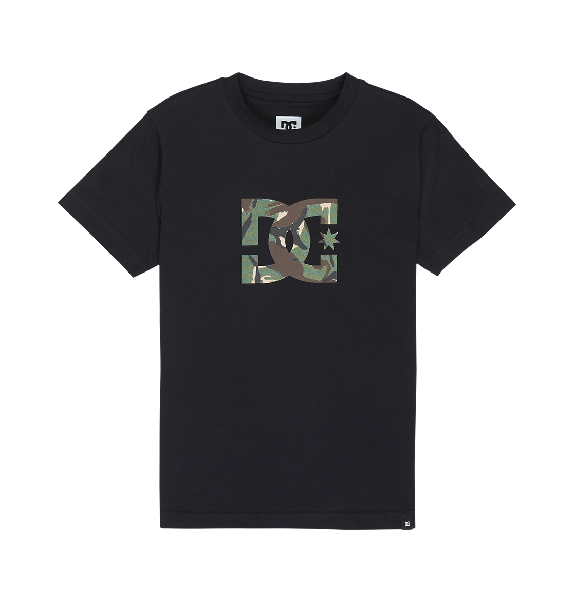 Introducing the DC Shoes Star Filled Tee Youth: a black short-sleeve t-shirt featuring a camo-patterned graphic logo centered on the chest. Showcasing iconic DC star artwork with abstract shapes and a distinctive star-in-a-square design, this relaxed-fit skate tee delivers bold style for everyday wear.