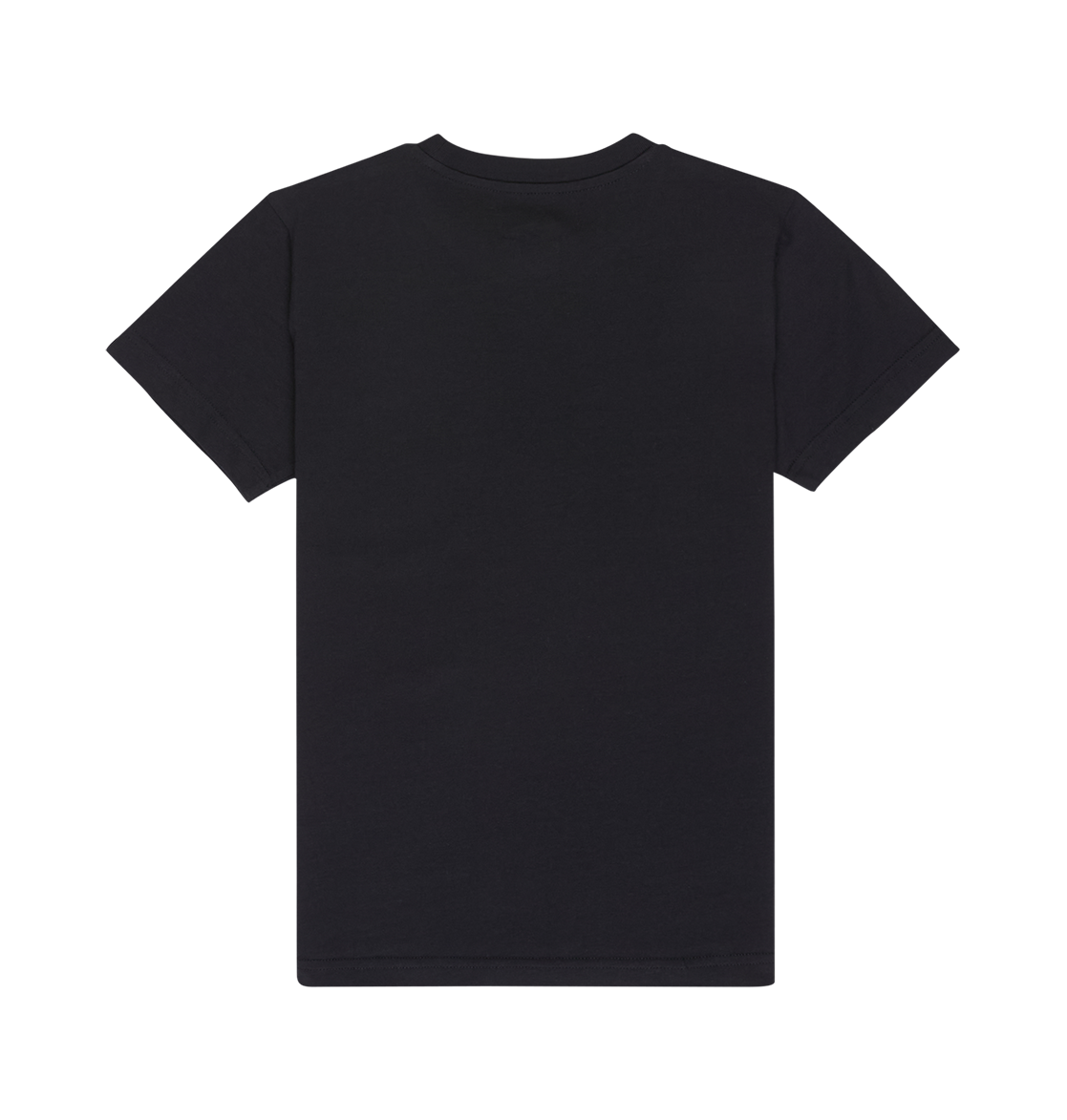 The DC Shoes DC Side Flame Tee Youth is shown laid flat with the back side facing up against a white background. This short-sleeve T-shirt features a relaxed fit and comes in plain black.