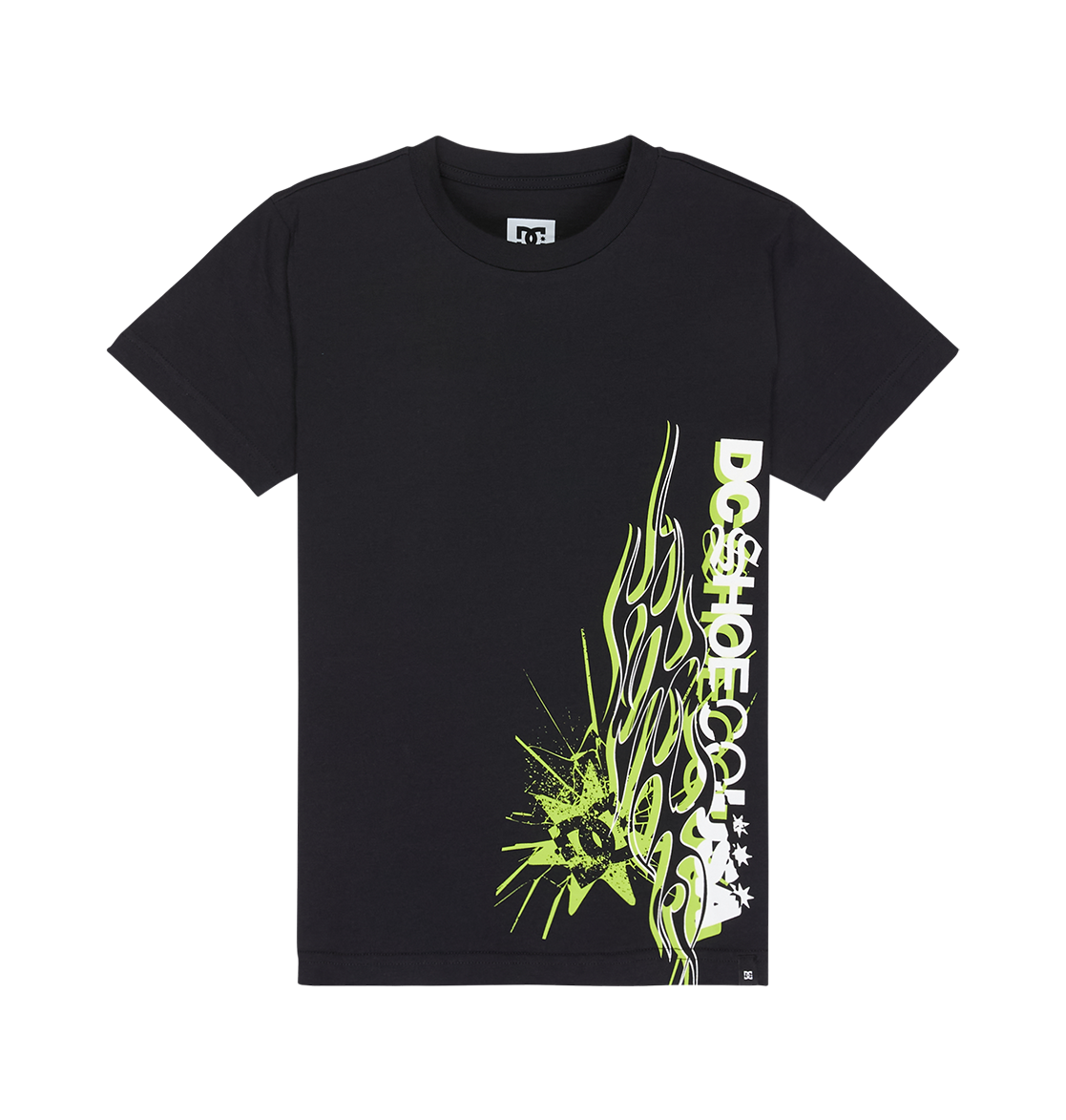 The DC Shoes Side Flame Tee Youth is a black, relaxed-fit skate t-shirt featuring neon yellow abstract flame artwork and bold white “DC SHOES” lettering along the right side. This graphic tee stands out with striking splatter effects and a prominent DC Shoes logo, displayed here on a plain white background.