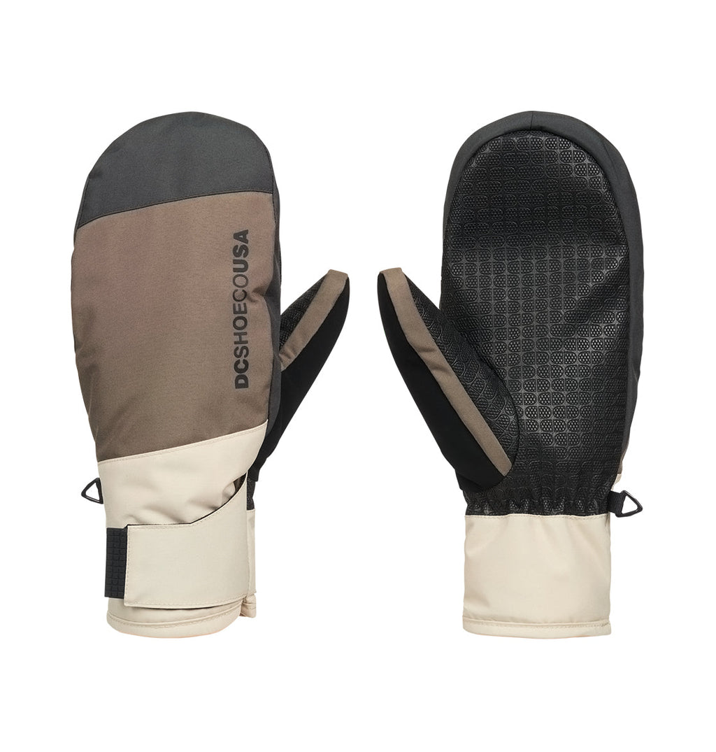 A pair of DC Shoes Franchise Mitts W 10K snow gloves, featuring color-blocked panels in beige, brown, and black—one displaying a textured palm grip and the other the DCSHOECOUSA logo on the back. Engineered for superior weather protection and insulated warmth, these mittens include adjustable wrist straps for a secure fit.