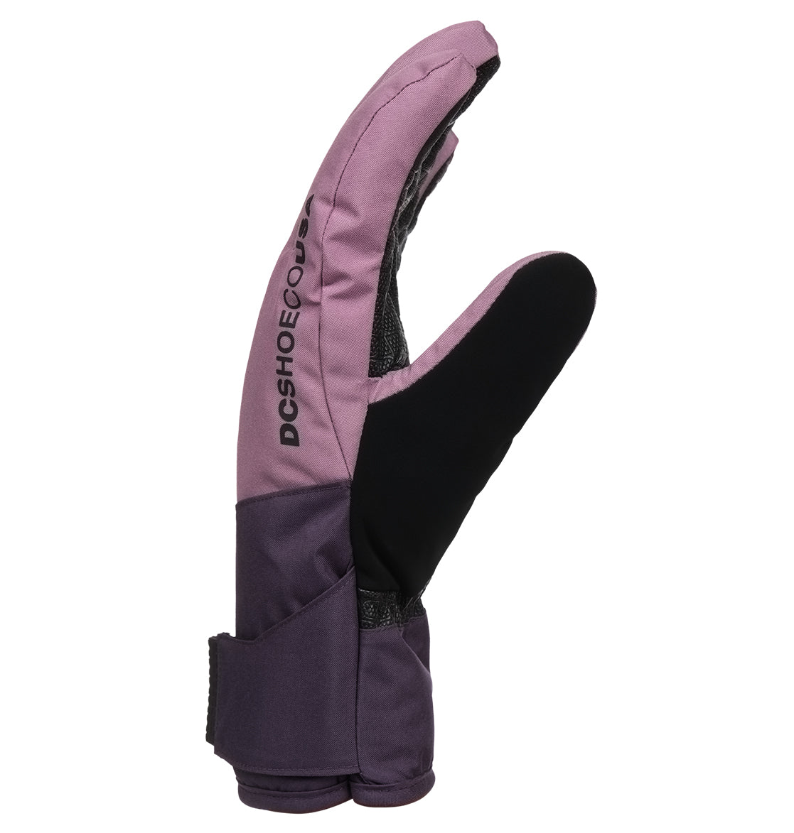 A purple and black Franchise Gloves W 10K by DC Shoes, featuring a split design for separate thumb and index finger, DCSHOECOUSA branding on the side, insulated warmth for cold days, and an adjustable wrist strap.