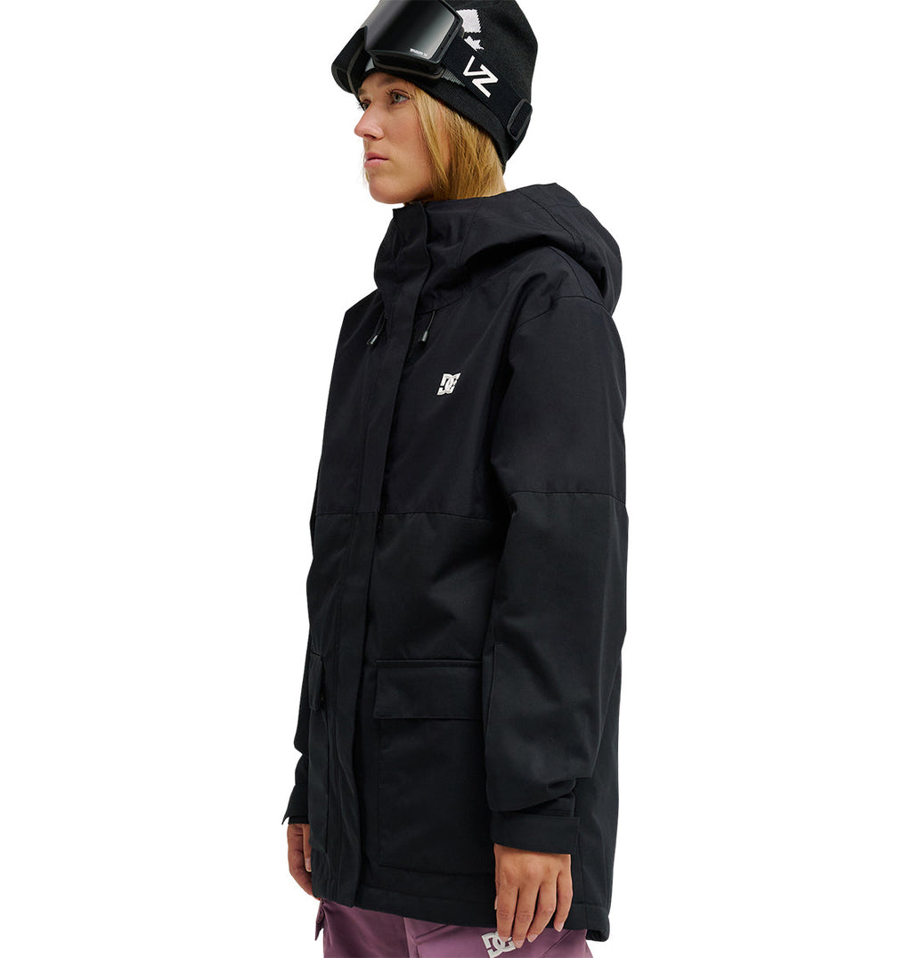 A person in a black DC Shoes Cruiser Jacket, black beanie, and ski goggles stands facing left against a white background.