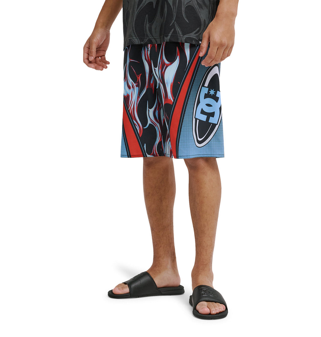 A person wearing Reebok Sylem 21 black sandals and colorful shorts with a black, white, and red flame design and large DC Shoes logo stands against a white background. Only the upper body is partially visible.