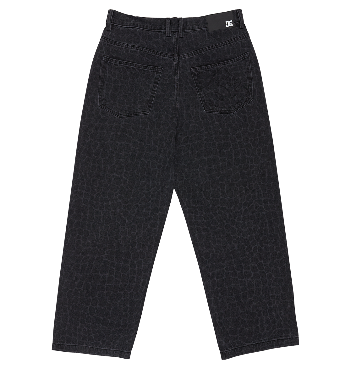 The DC Shoes Men's Baggy Denim Snake Print Pant features black denim with a subtle snake print, two back pockets, belt loop waistband, a logo tag on the right back waist, and a baggy straight fit. Displayed flat on a white background.