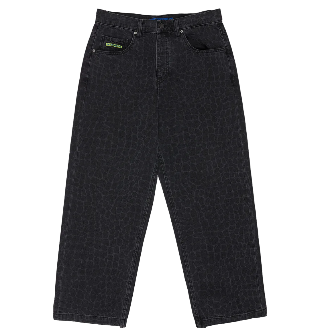 The DC Shoes Men's Baggy Denim Snake Print Pant features a subtle laser reptile-skin pattern, five pockets, a green label on one front pocket, and a baggy fit. Shown laid flat on a white background.