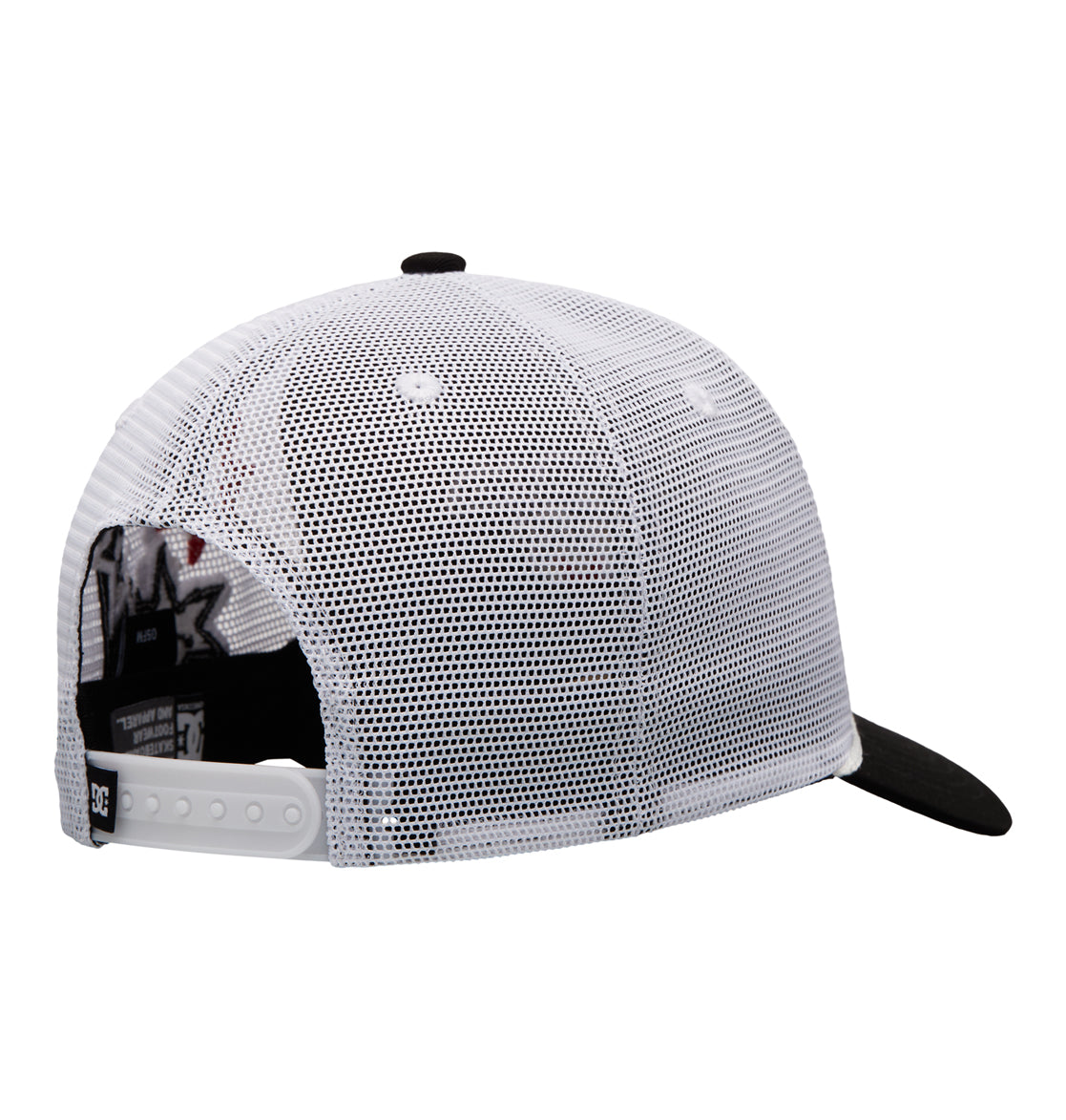 The Reebok Side Star Trucker hat features a white mesh design with a black brim, shown from the back to highlight its adjustable white snapback closure and a partially visible inner label.