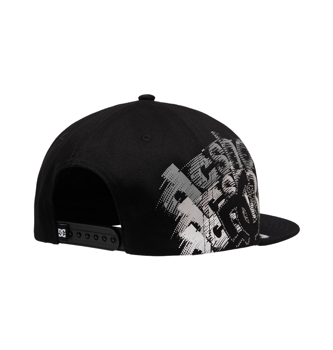 The Men's DC Omega 2 Cap by DC Shoes features a black design with white and gray graphics on the side and brim, plus an adjustable back strap with a small DC logo for subtle branding.