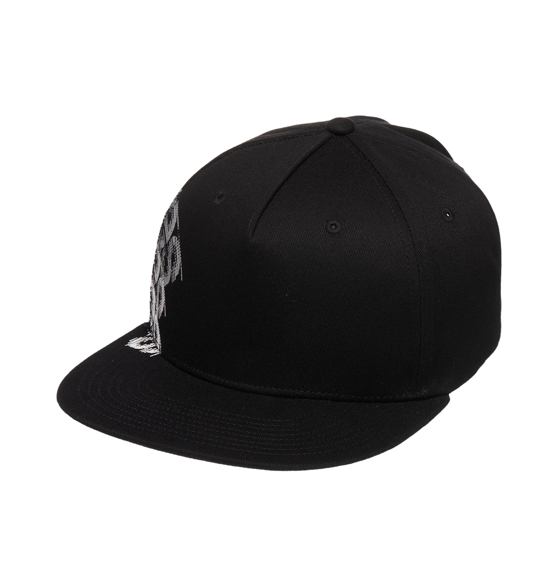 The Men's DC Omega 2 Cap by DC Shoes is a black skate snapback with a flat brim, shown angled on a white background. Part of the white embroidered DC branding appears on the front left side.