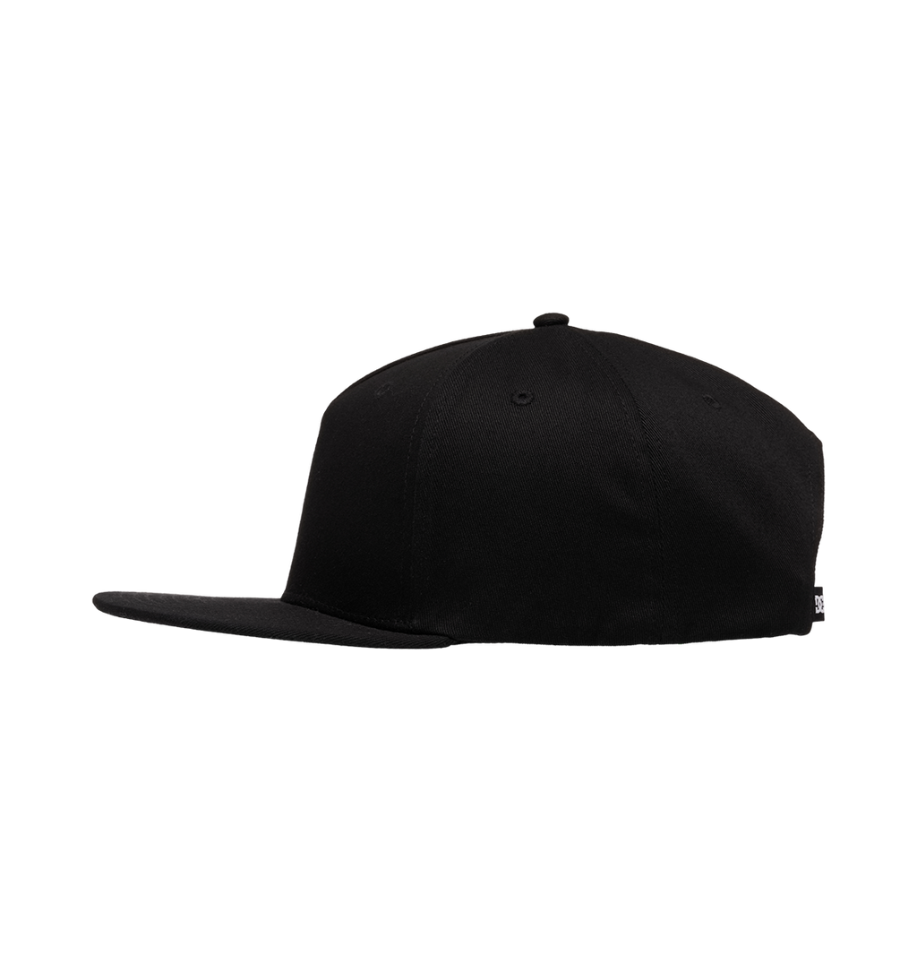 The Men's DC Omega 2 Cap by DC Shoes is a plain black skate cap with a flat brim, displayed in a side profile view against a white background.