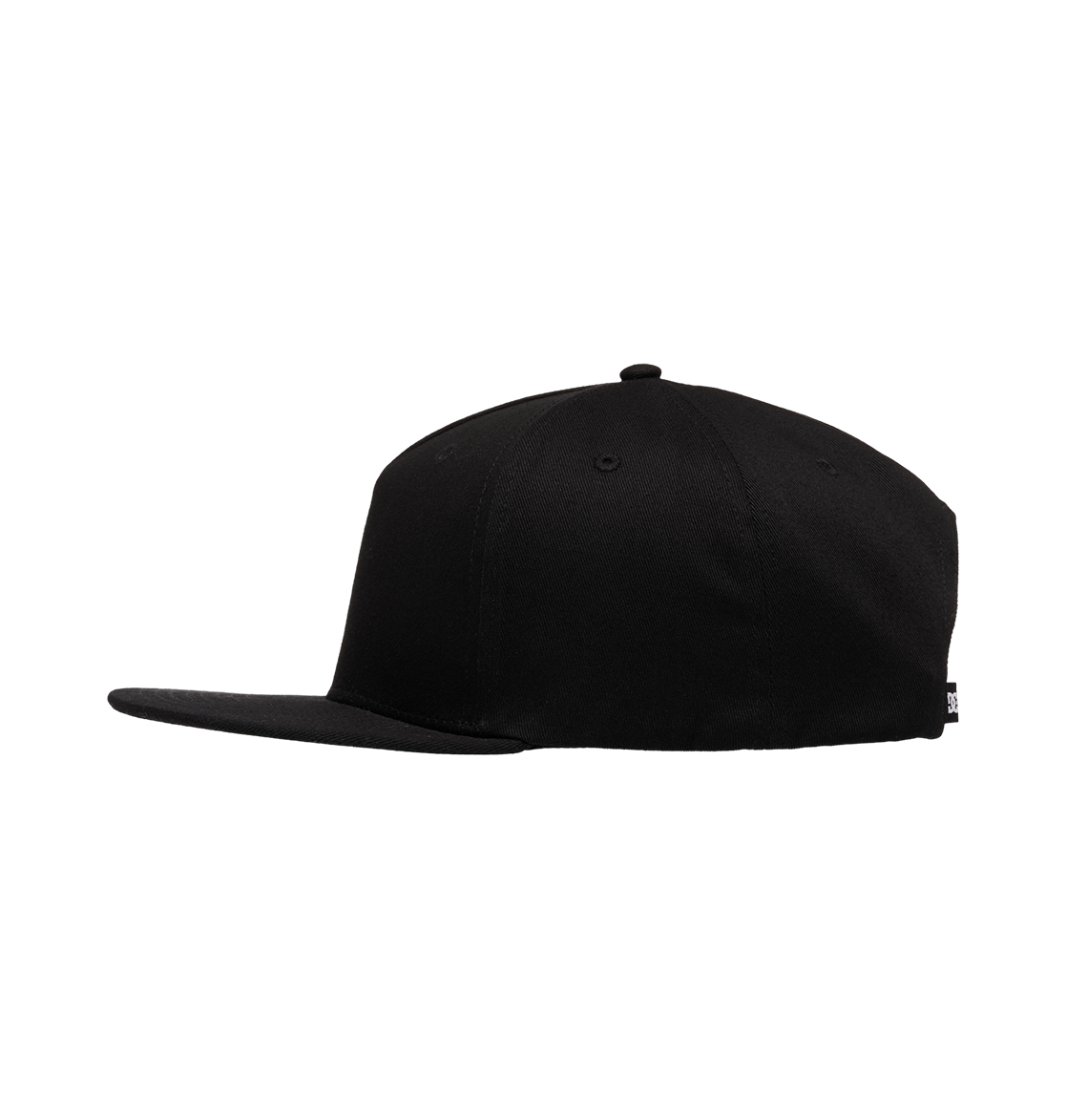 The Men's DC Omega 2 Cap by DC Shoes is a plain black skate cap with a flat brim, displayed in a side profile view against a white background.