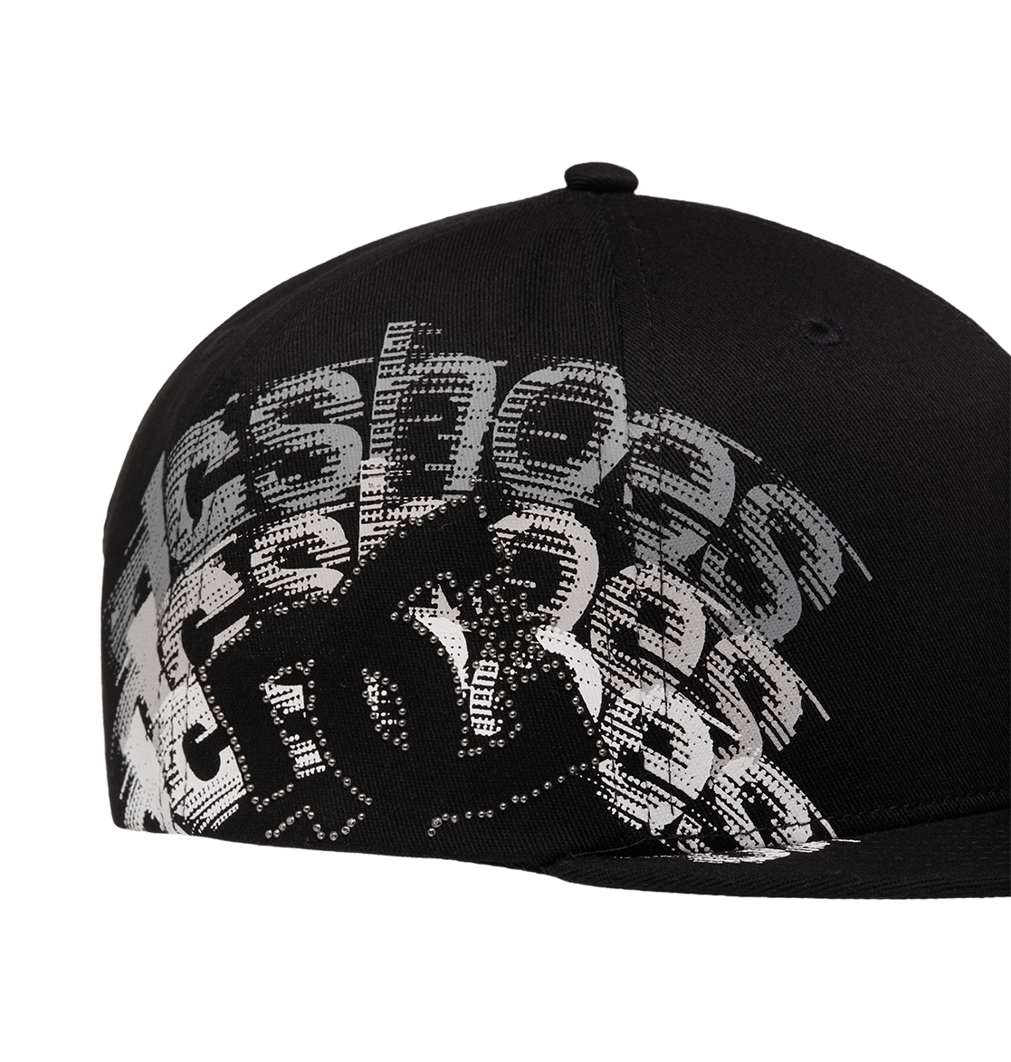 The Men's DC Omega 2 Cap by DC Shoes is a black skate cap with a bold white abstract text pattern on the side, offering a dynamic layered look. It features a rounded crown and flat brim.