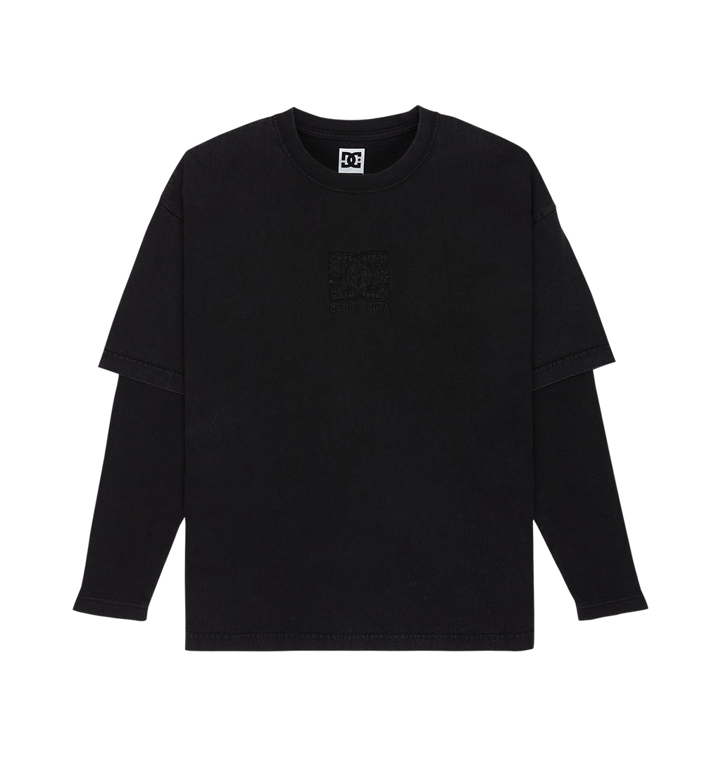 The Men’s DC Twofer Long Sleeve by DC Shoes features a classic crew neckline, layered black sleeves, and a subtle logo design on the chest, embodying authentic streetwear style. Shown against a plain white background.