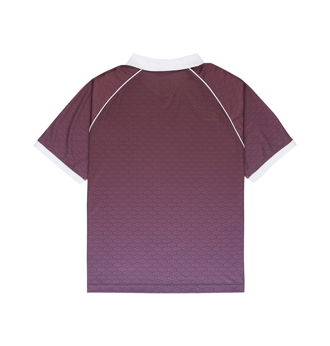 A person with short, braided hair is seen from behind in the DC Shoes Men's DC Soccer Top—a maroon skate-inspired jersey with a white collar and sleeve trim—paired with light blue jeans against a plain white background.