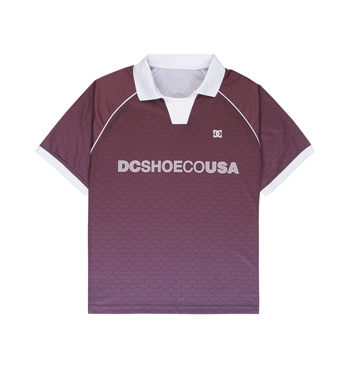 The Men's DC Soccer Top by DC Shoes is a maroon short-sleeve polo with a white collar and cuffs, DCSHOECOUSA across the chest, and a small DC logo on the left side for athletic style and everyday comfort.