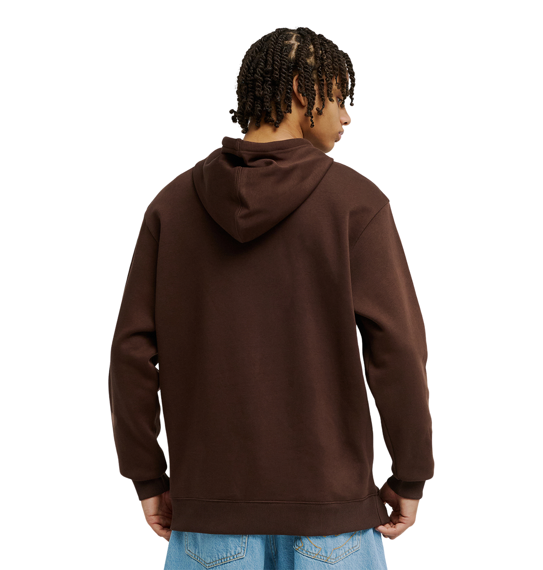 A person with short twists is seen from behind, wearing the Men's DC Star Hoodie by DC Shoes in brown and light blue jeans, set against a plain white background.