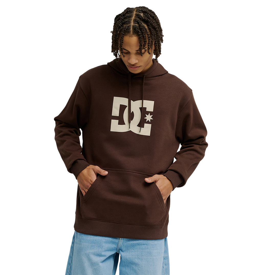 The Men's DC Star Hoodie by DC Shoes is a brown fleece pullover with a large light-colored DC logo on the chest and a front kangaroo pocket, shown against a white background.
