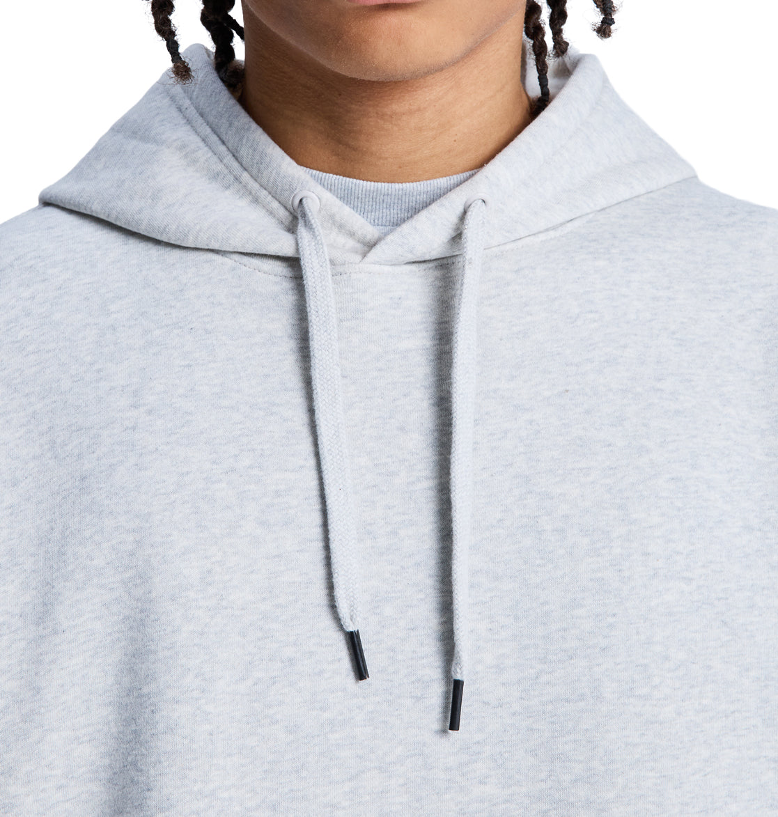 Close-up of a person wearing the Reebok Lanai Ph light gray hooded sweatshirt with drawstrings, featuring the hood and upper torso. Face is partially visible; background is plain white.