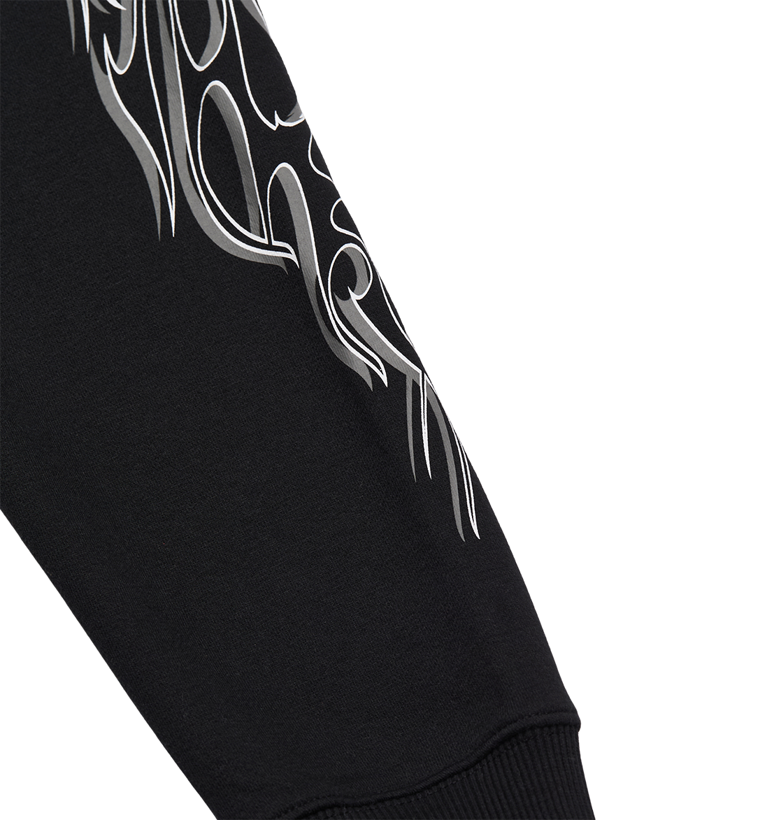 The Men's Side Flame Hoodie by DC Shoes features a black sleeve adorned with a white, abstract flame design near the upper part, evoking the brand's bold graphic style. Finished with a ribbed cuff for added detail and comfort, this hoodie stands out against its plain white background.