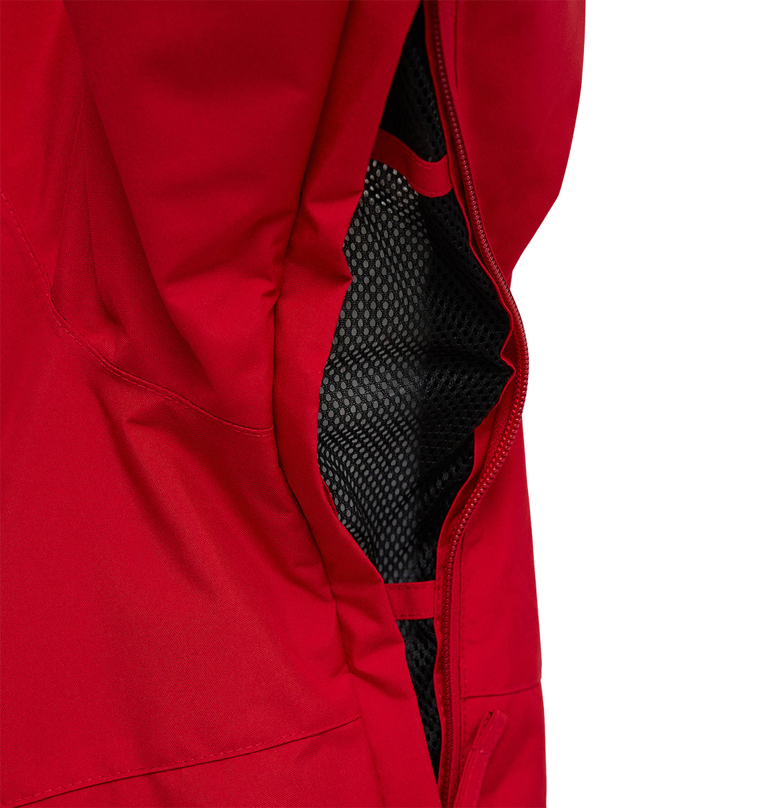 Close-up of the DC Shoes Basis Jacket 10K in red, featuring a partially open zipper that reveals black mesh lining inside—highlighting its ventilation feature.