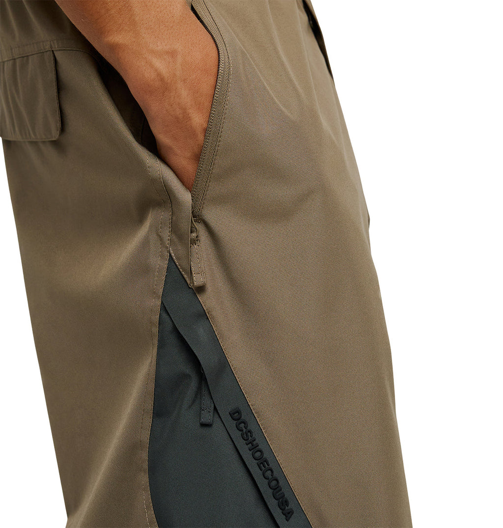 A close-up of a person’s hand in the pocket of DC Shoes Smoke Pants 10K snow pants in olive green, featuring a zipper and a black strip labeled DCSHOECOUSA, highlights their breathable and waterproof design.