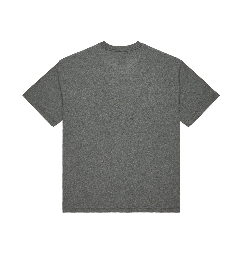 A Men’s Solid Lefty Heritage Short Sleeve Shirt by DC Shoes, featuring a plain, dark gray design with a relaxed fit and short sleeves, is laid flat with the back side facing up against a white background.