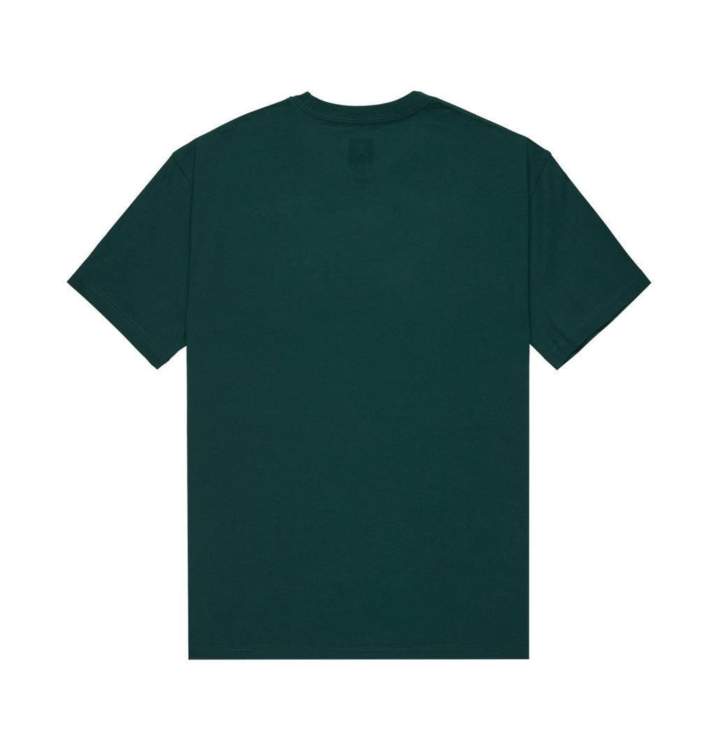 A Men’s Slathletic Heritage Short Sleeve Shirt by DC Shoes, in solid dark green and made from recycled cotton, is displayed from the back with short sleeves, laid flat on a white background.