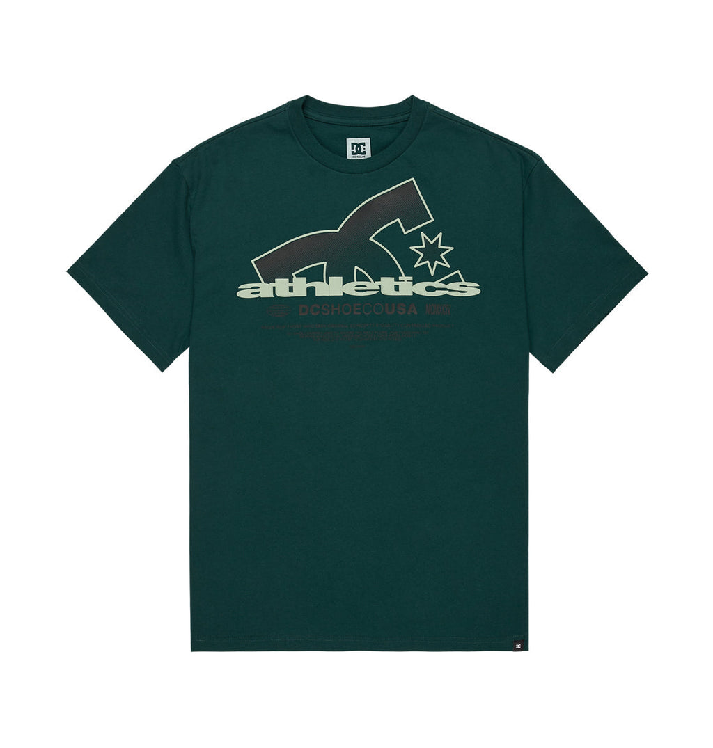 The Men’s Slathletic Heritage Short Sleeve Shirt by DC Shoes is crafted from recycled cotton in dark green, featuring a large DC Shoes logo along with “athletics DCSHOECOUSA 1994” printed in beige and light green across the chest.