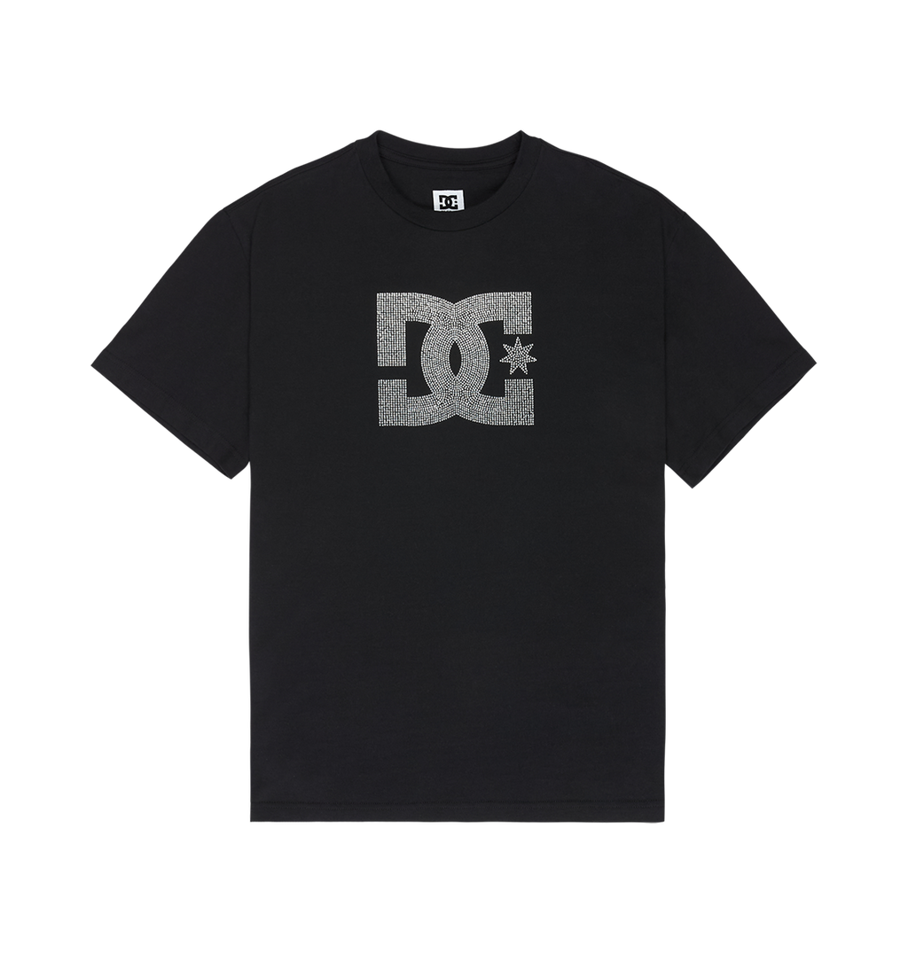 Men’s DC Strass Star Tee by DC Shoes showcased laid flat on a white background, featuring a large gray star-detailed DC Shoes logo across the chest. This black short-sleeve skate graphic t-shirt is crafted from soft cotton for comfort.