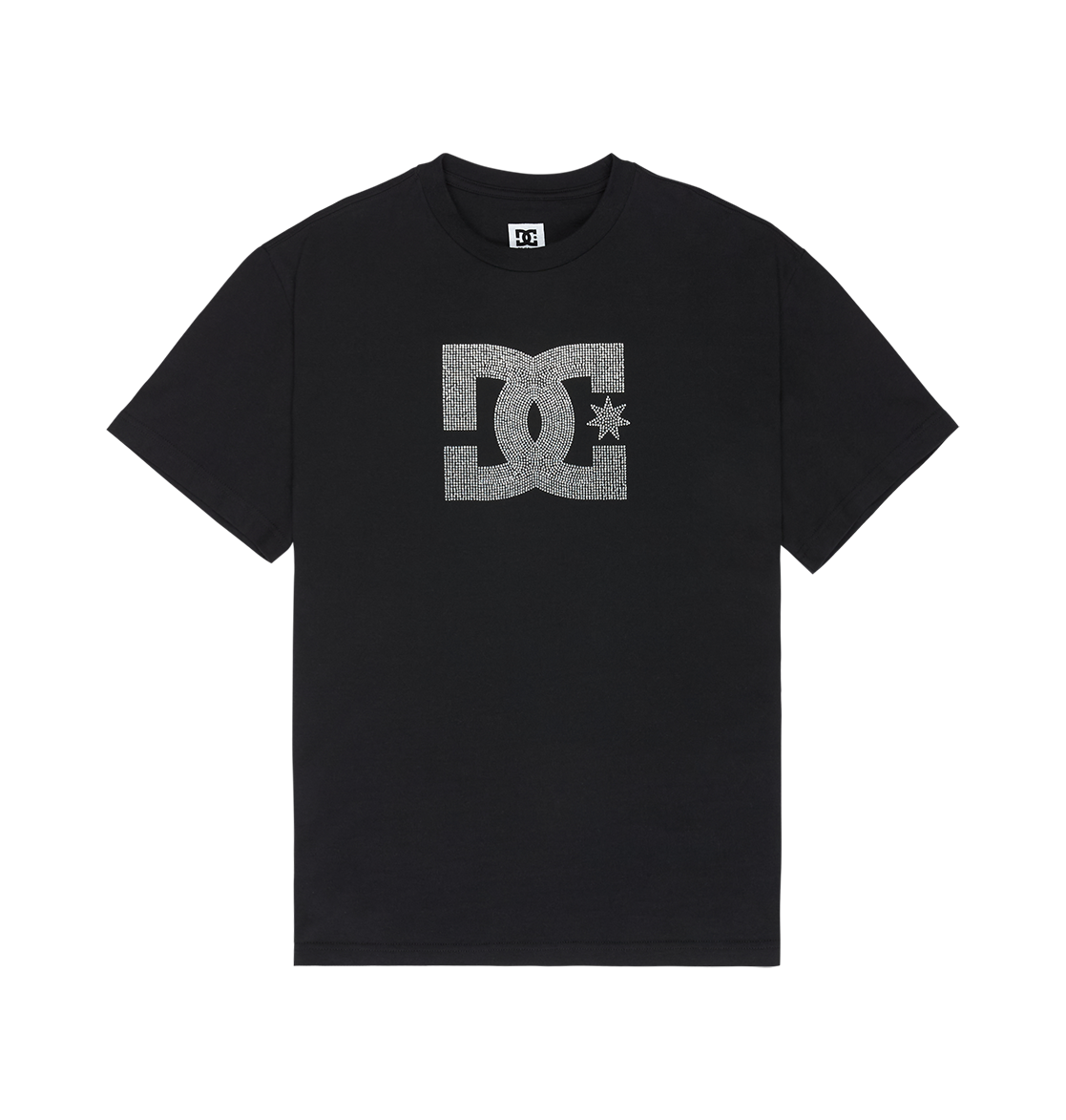 Men’s DC Strass Star Tee by DC Shoes showcased laid flat on a white background, featuring a large gray star-detailed DC Shoes logo across the chest. This black short-sleeve skate graphic t-shirt is crafted from soft cotton for comfort.