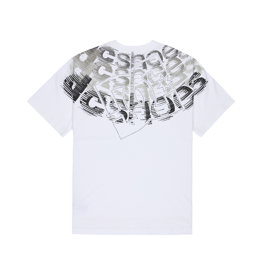 The Men’s DC Omega 2 Tee by DC Shoes is a white, relaxed-fit T-shirt that showcases a large, abstract black and gray graphic with oversized, overlapping distorted letters and a halftone pattern across the upper back—delivering bold skateboard-inspired style.