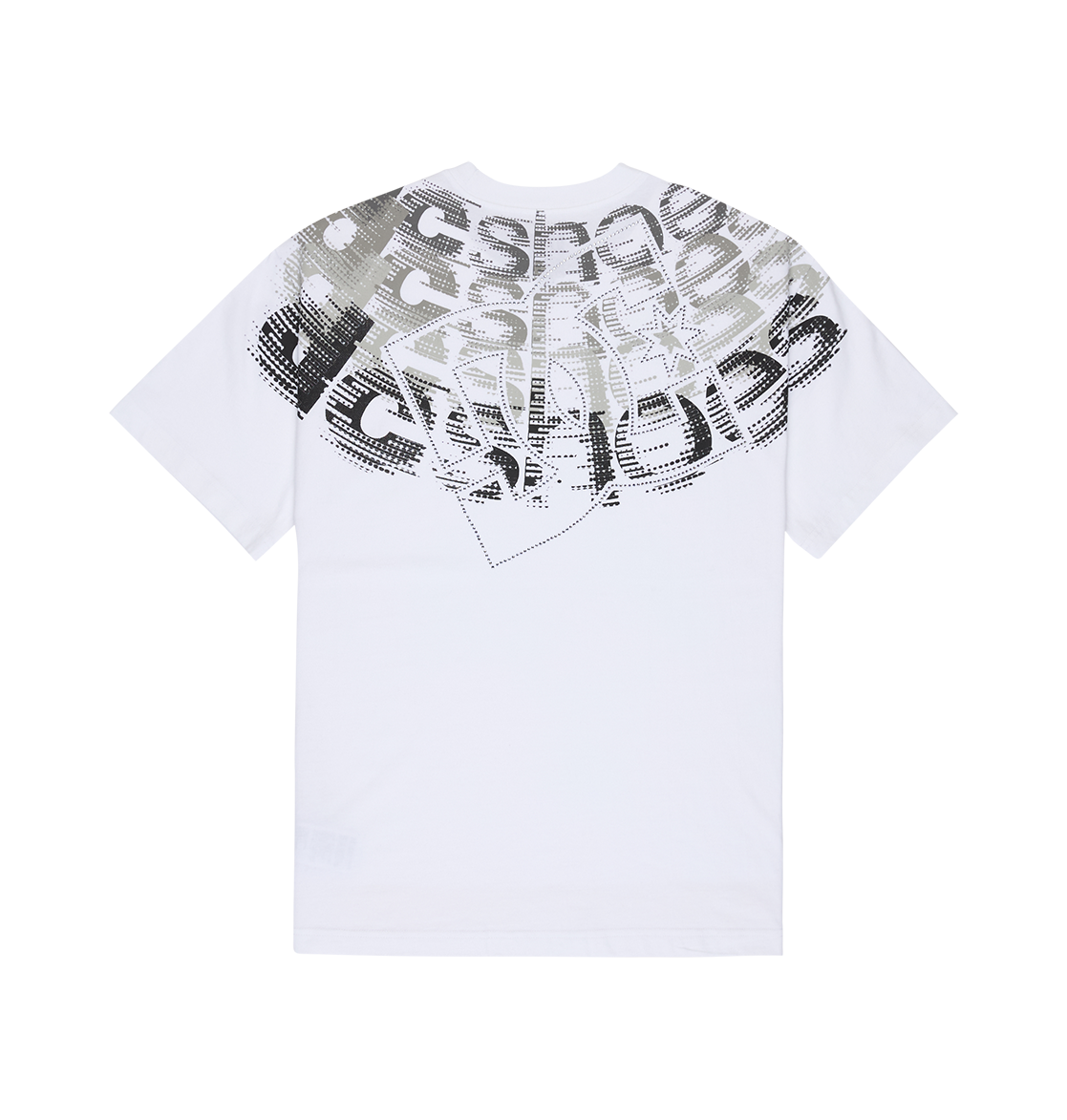 The Men’s DC Omega 2 Tee by DC Shoes is a white, relaxed-fit T-shirt that showcases a large, abstract black and gray graphic with oversized, overlapping distorted letters and a halftone pattern across the upper back—delivering bold skateboard-inspired style.
