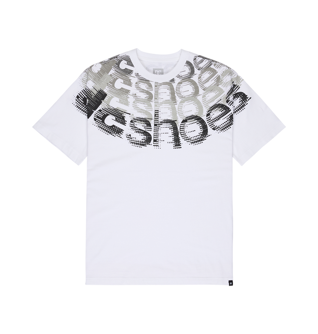 The Men’s DC Omega 2 Tee by DC Shoes features a white short-sleeve design with a gray and black pixelated graphic across the upper chest and shoulders, showcasing the repeating word “SHOES” in a bold, stylized font. This skate-inspired tee offers a relaxed fit and is made from soft cotton for comfortable, all-day wear.