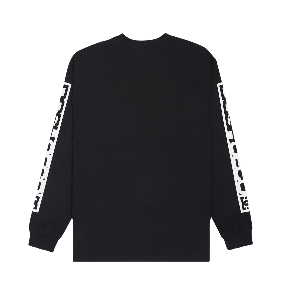 The Men's DC Echo Tee by DC Shoes is a black long-sleeve graphic shirt, shown from the back, with striking white text down both sleeves. Drawing inspiration from skate sessions, it features a classic crew neckline and ribbed cuffs, channeling the dynamic spirit of DC artwork in every detail.