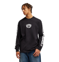 A person wearing the Men's DC Echo Tee by DC Shoes, a black long-sleeve graphic shirt featuring white graphics on the sleeves and chest, stands against a plain white background, looking to the side.