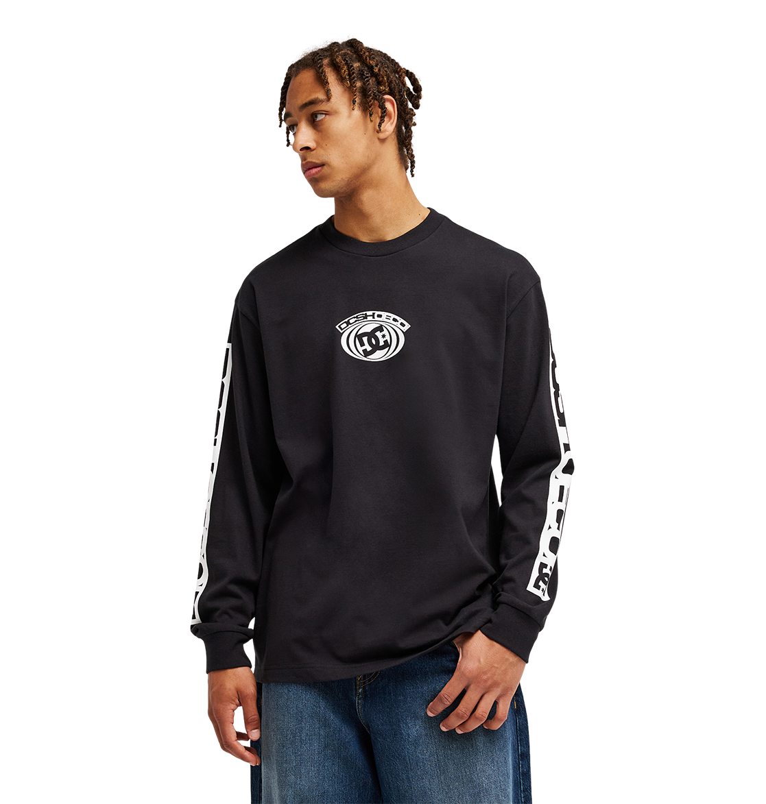 A person wearing the Men's DC Echo Tee by DC Shoes, a black long-sleeve graphic shirt featuring white graphics on the sleeves and chest, stands against a plain white background, looking to the side.