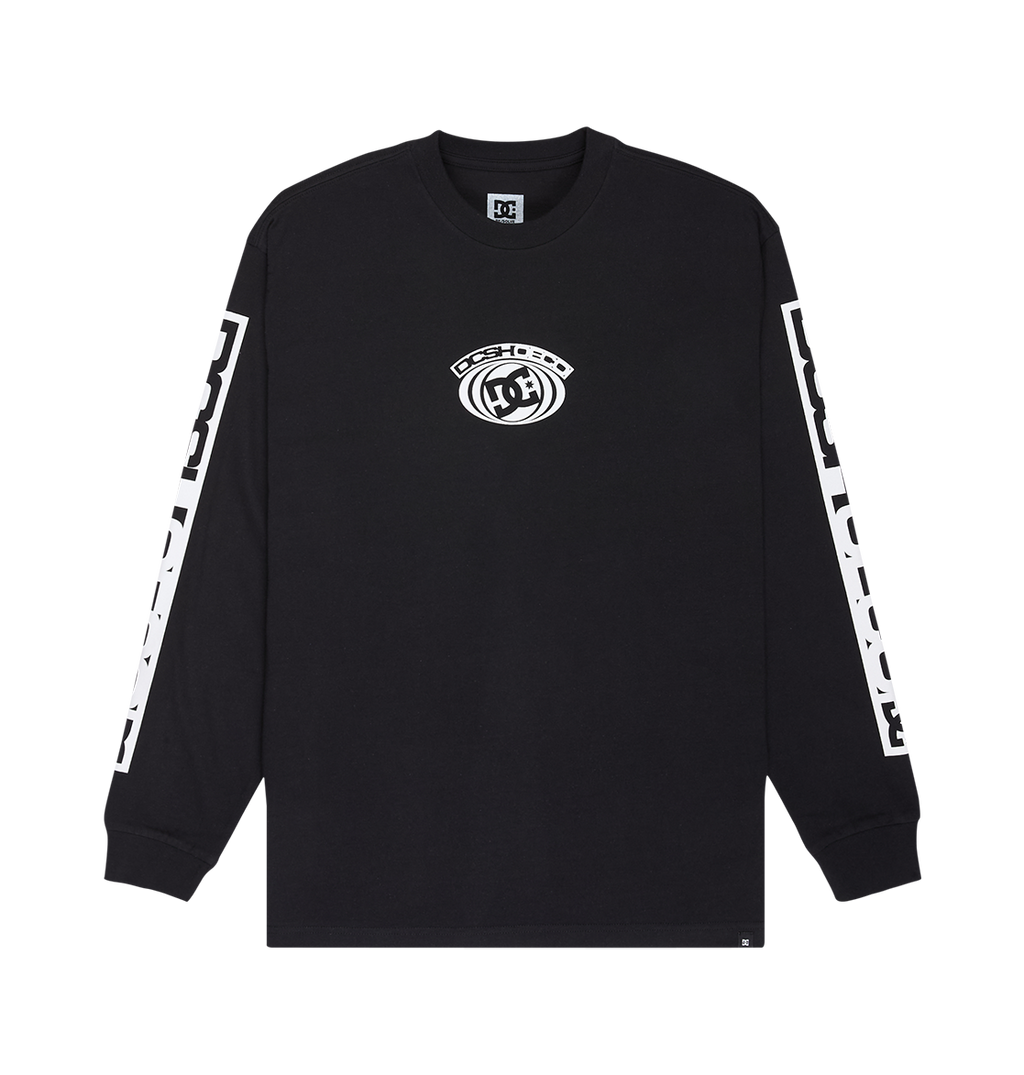 The Men's DC Echo Tee by DC Shoes is a black long-sleeve graphic t-shirt featuring a white DC Shoes logo on the chest and bold white "DC SHOES" text running down both sleeves. Iconic DC artwork gives this tee a standout look, ideal for skate sessions or casual wear. The shirt is displayed laid flat on a white background.