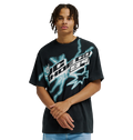 A man with short dreadlocks stands against a plain light background with his hands clasped in front, wearing the Men's DC Star Struck Tee by DC Shoes—a relaxed fit black skate shirt featuring bold, abstract white and teal graphics reminiscent of star struck artwork.