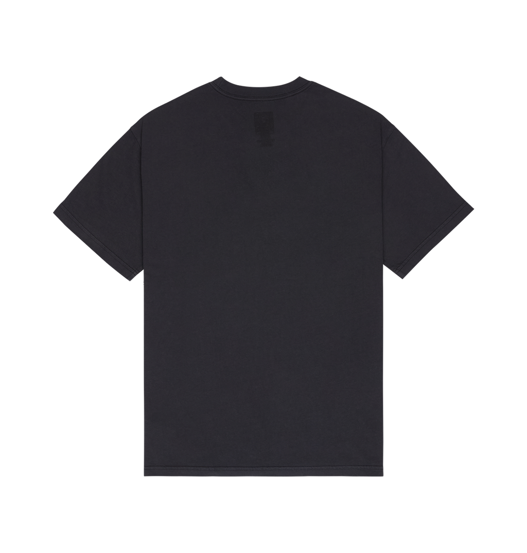 The Men's DC Speratic Tee by DC Shoes is displayed laid flat with the back side facing up against a white background, showcasing its relaxed fit and plain black short-sleeve design.